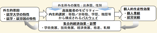 外生的要因（就学大学の特性・就学・就労国の特性）→ 高技能者のモビリティー（内生的選択：移動／非移動、学歴、職歴等から構成されるパスウェイ）→ 個人的生産性効果（個人業績・就労実績）→ 集合的経済効果・影響（学術発展、技術発展、経済発展、格差、軋轢）